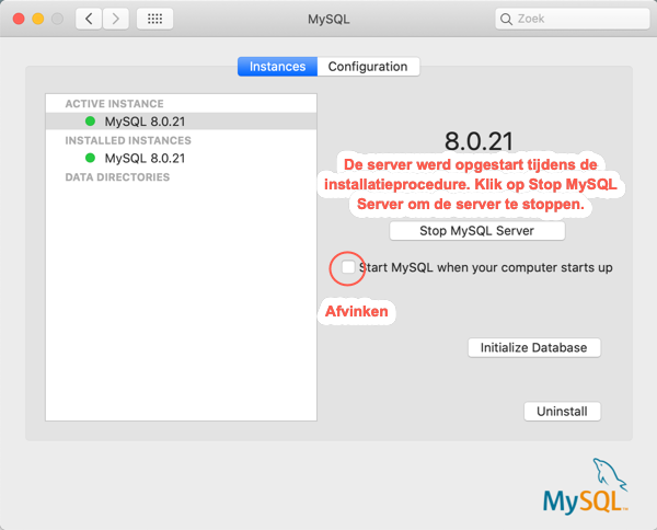 macOS MySQL Systeemvoorkeurenpaneel MySQL